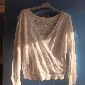 Crochet Knit Wrap-Style Sweater in White